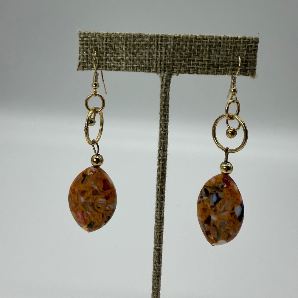 Orange Confetti Acrylic Dangle Earrings Gold Tone Marbled Drop Boho Jewelry